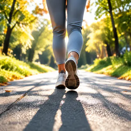 Person geht auf einem sonnigen Parkweg, umgeben von grüner Natur