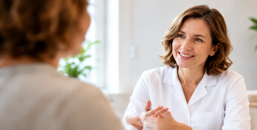 Weibliche Fachkraft im Gesundheitswesen im Gesprach mit einer Patientin wahrend einer Beratung